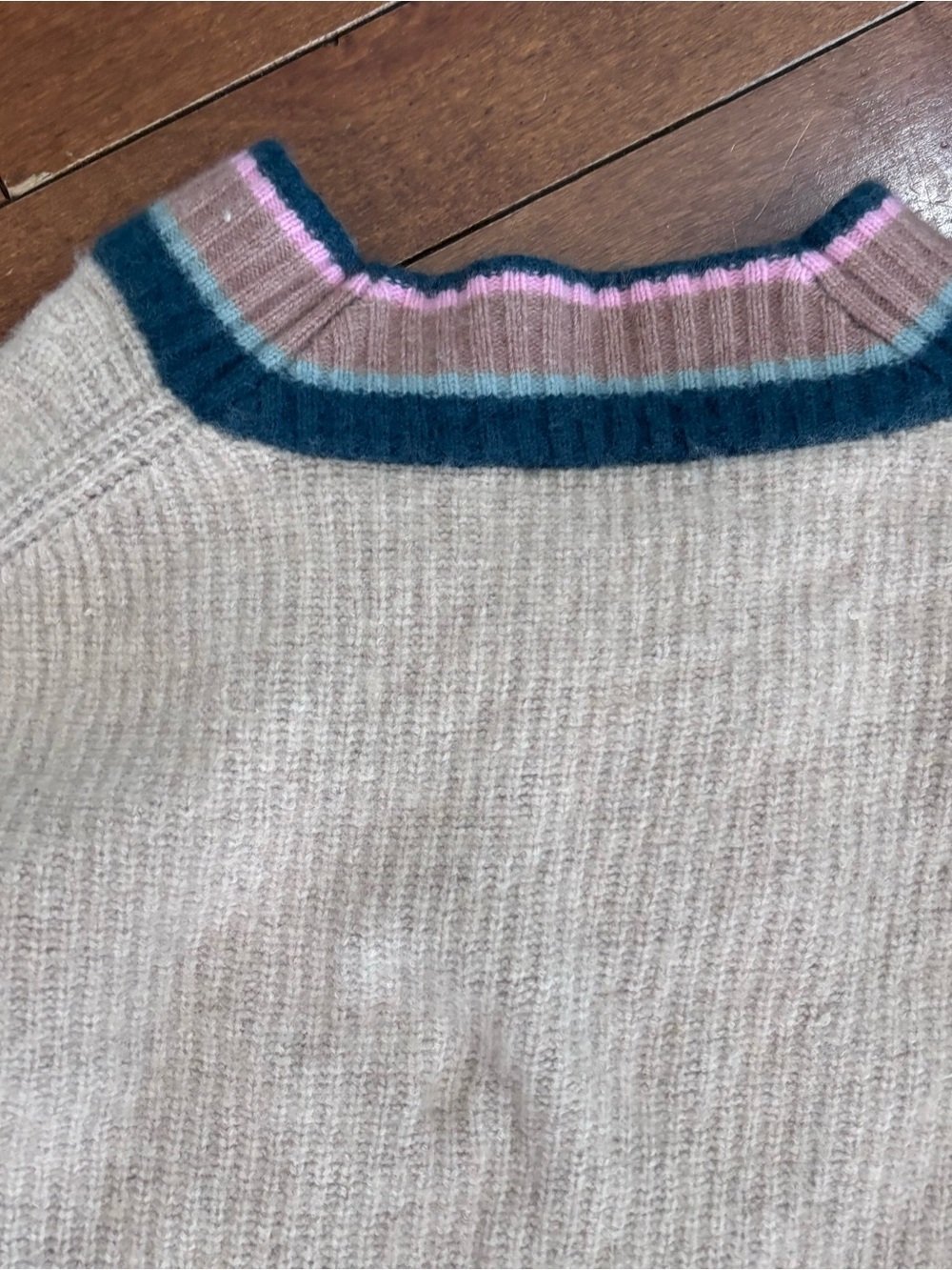 Madewell Beige V-Neck Sweater with Teal and Pink Trim - Picture 9 of 9